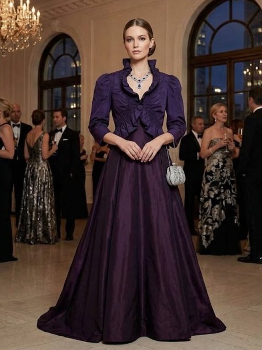 Feminine Ruffled Cropped Evening Jacket in Deep Purple